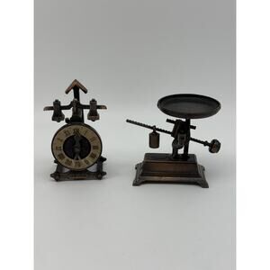 Vtg Set of 2 Play Me Novelty Metal Clock & Scale Miniature Die Cast Sharperners